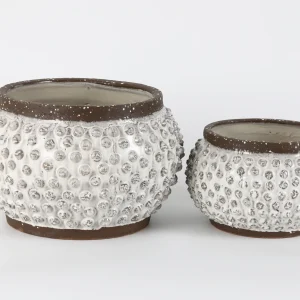 Set of 2 Textured White & Brown Ceramic Pots