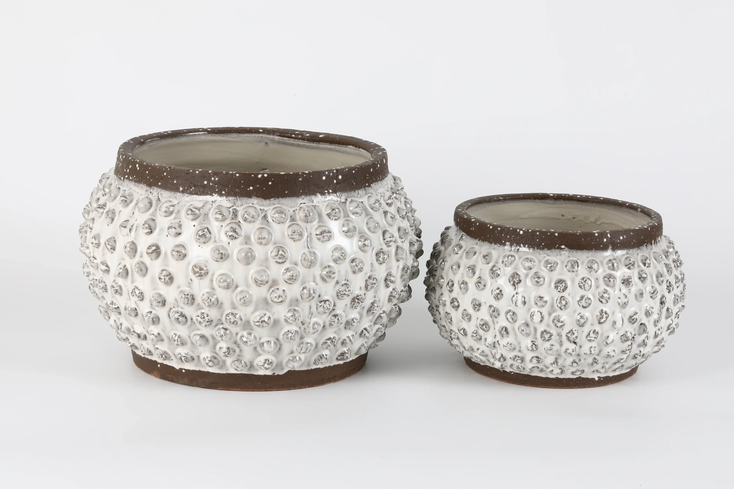 Set of 2 Textured White & Brown Ceramic Pots