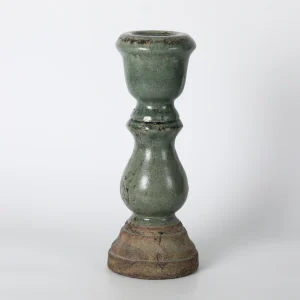 Rustic Green Glazed Ceramic Candlestick Holder
