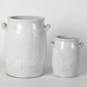 Set of 2 Whitewashed Ceramic Jars with Handles