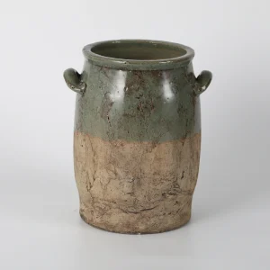Two-Tone Green & Beige Glazed Ceramic Vase