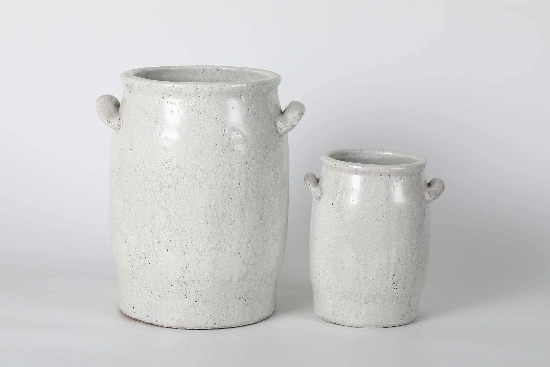 Set of 2 Whitewashed Ceramic Jars with Handles