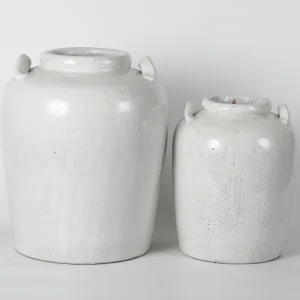Set of 2 Large & Small White Handled Ceramic Vase