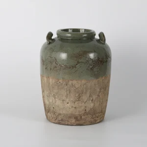 Two-Tone Green & Beige Rustic Ceramic Jar Vase