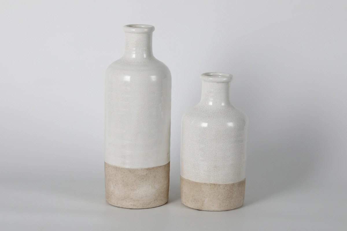 Set of 2 White & Beige Dipped Bottle Vases