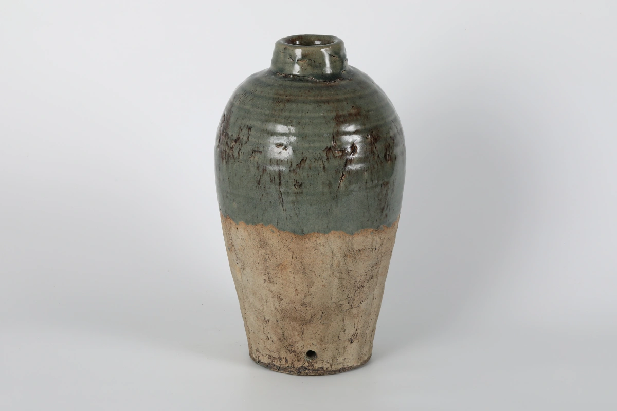 Tall Two-Tone Green & Beige Glazed Vase