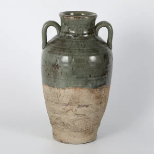 Two-Tone Green & Beige Glazed Handled Vase