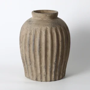 Rustic Brown Ribbed Ceramic Vase