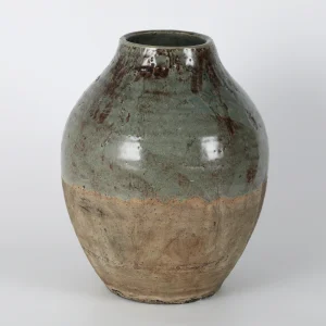 Two-Tone Green & Beige Bulbous Ceramic Vase