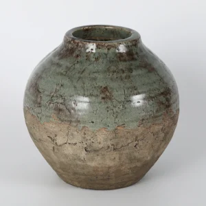 Two-Tone Green & Beige Glazed Ceramic Pot Vase