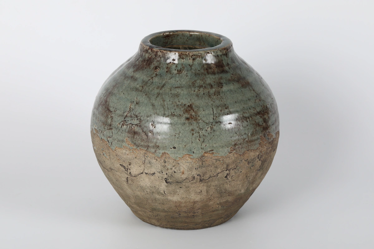 Two-Tone Green & Beige Glazed Ceramic Pot Vase