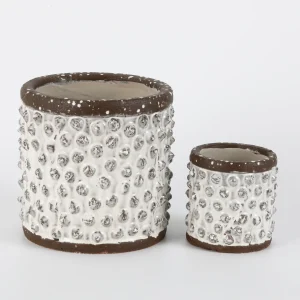 Set of 2 Textured White & Brown Ceramic Pots