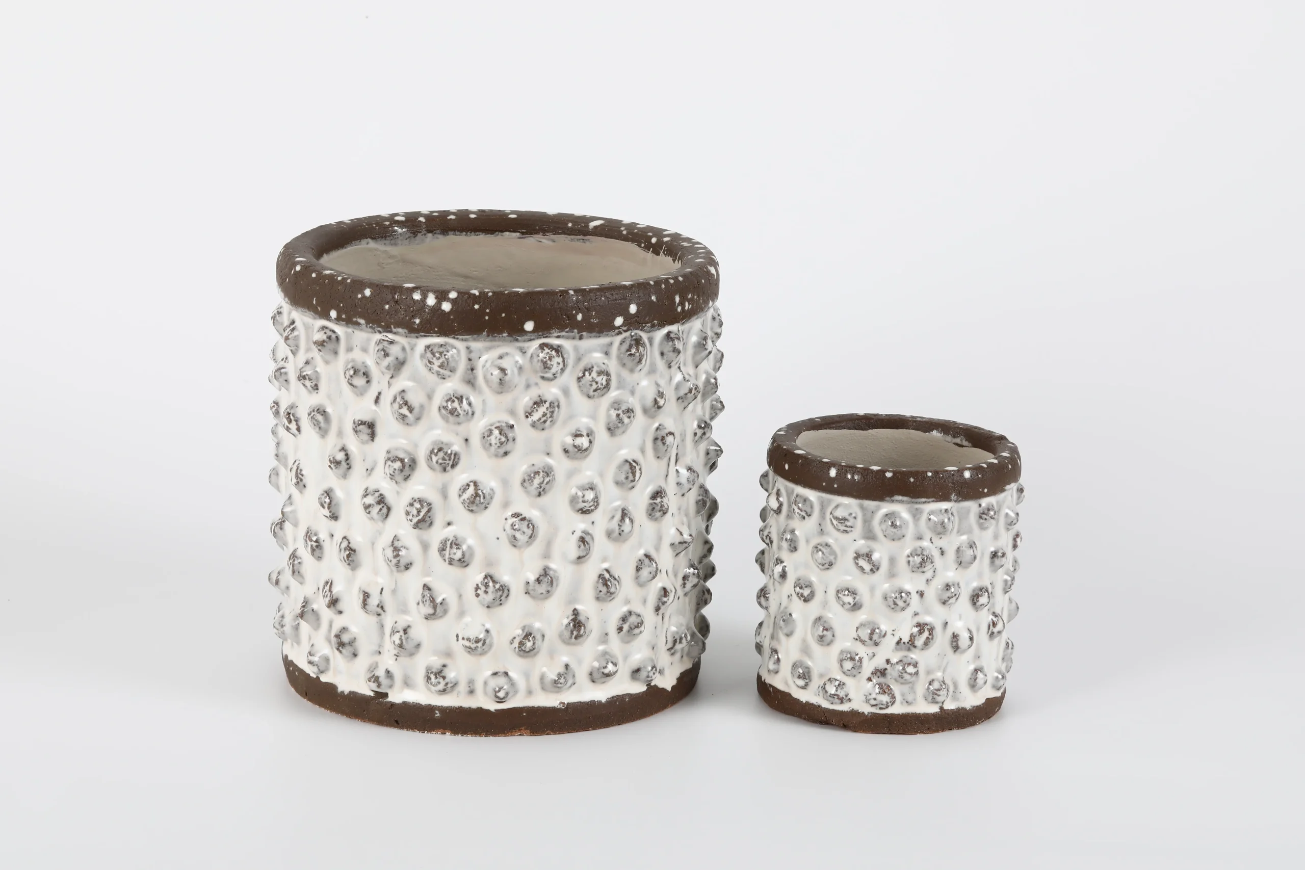 Set of 2 Textured White & Brown Ceramic Pots