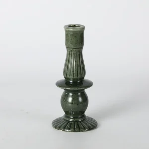 Tall Dark Green Fluted Candlestick Holder