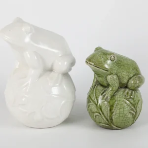 White & Green Ceramic Frog Figurine Set